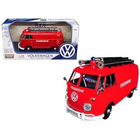 Motormax Toy 1 isto 24 Volkswagen Type 2 T1 Fire Van Diecast Model Car - Red 79564